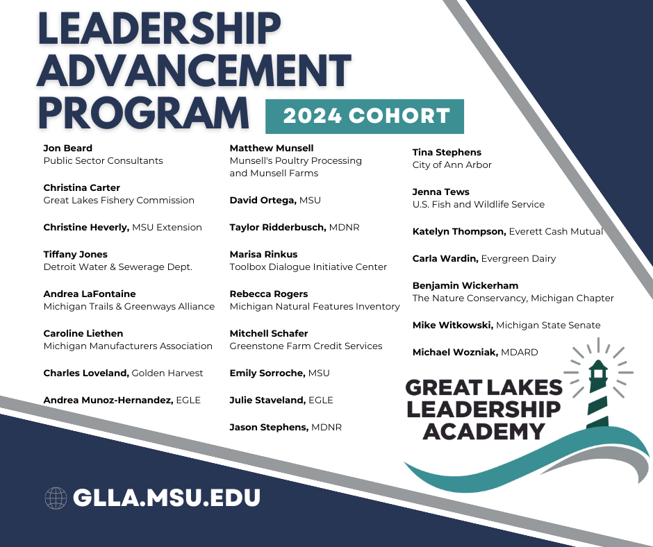 Graphic includes list of the Leadership Advancement Program 2024 selected cohort members. 